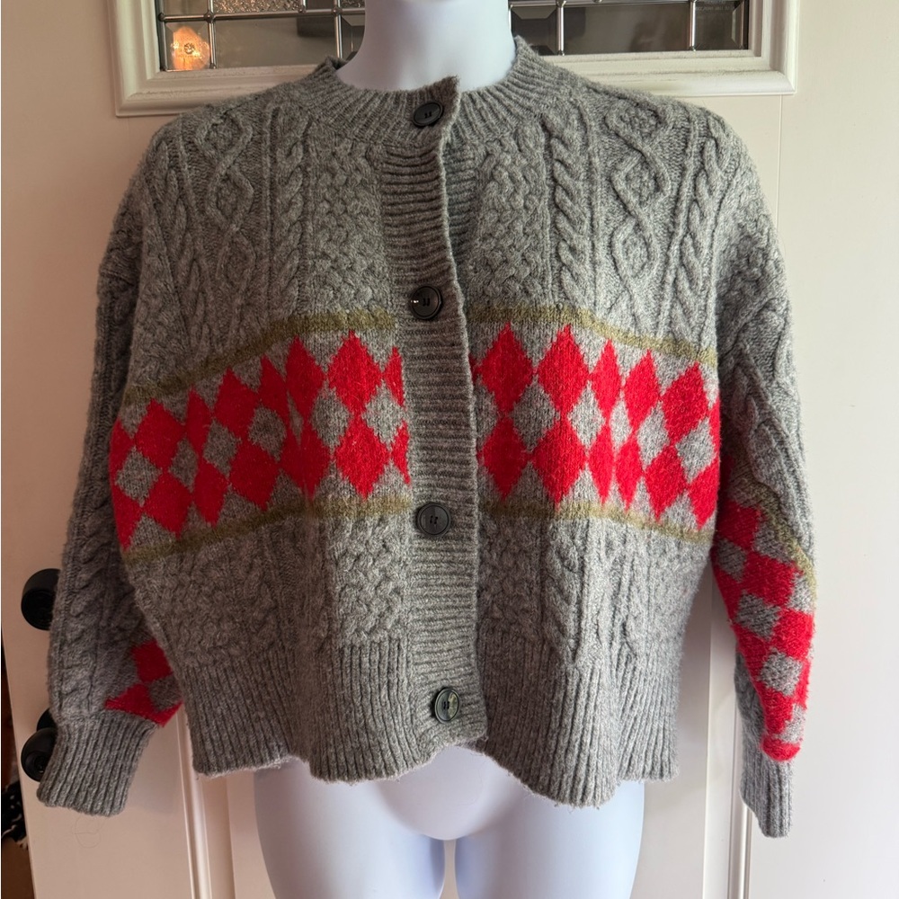 Anthropologie Maeve Gray Cardigan with Red Argyle